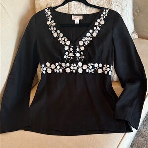 LOFT Black  Linen Blouse with White Floral Detail